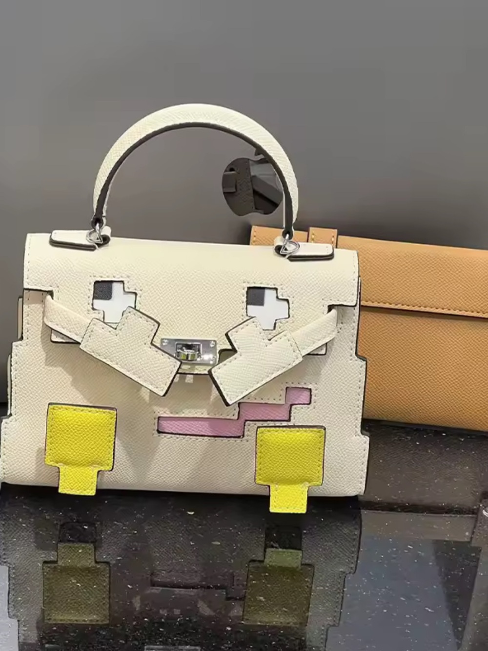Stylish genuine leather White and Yellow mini Designer Handbag